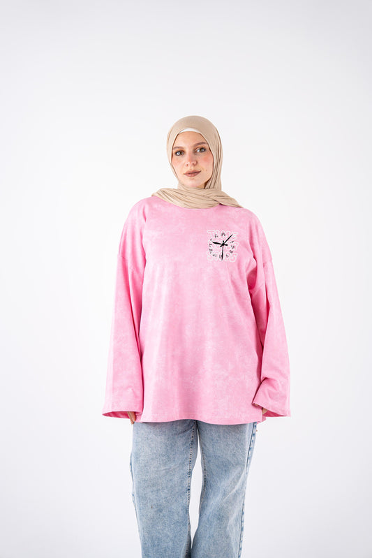 Time never stop pink washed widesleeves t-shirt