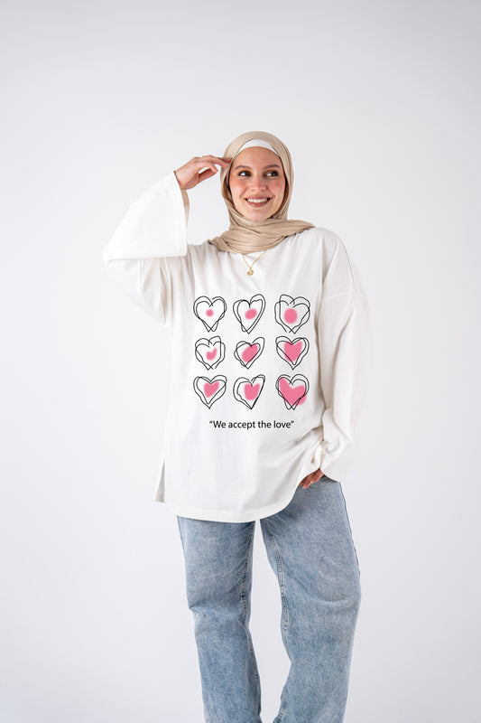 We accept love white basic widesleeves t-shirt