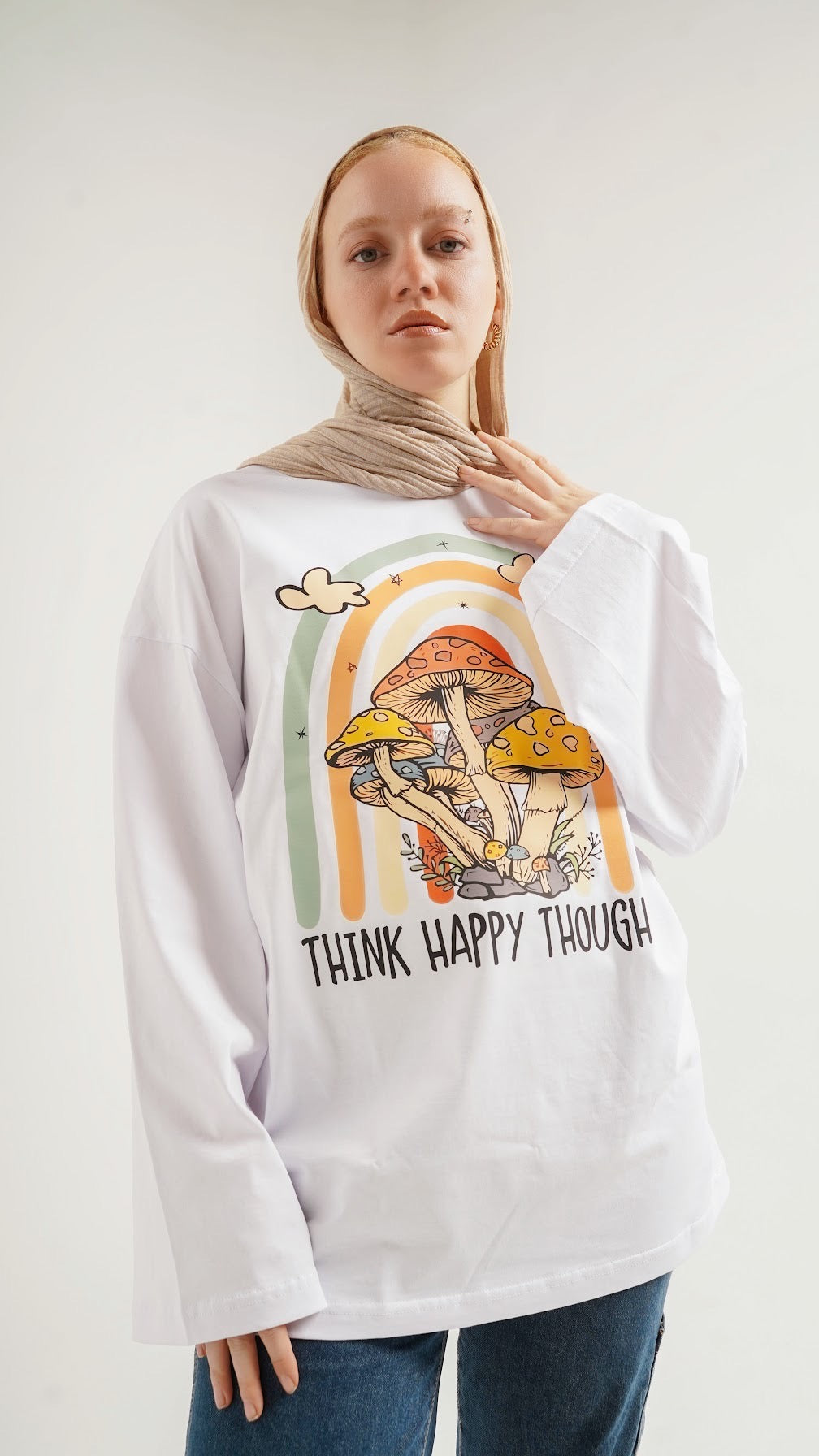 Think happy white widesleeves t-shirt