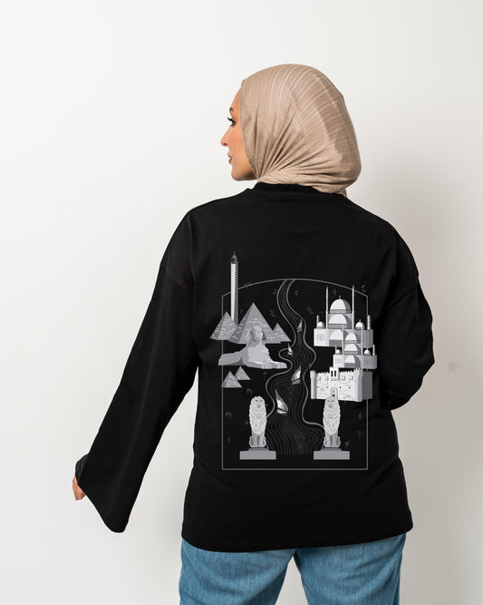 7000 years حضاره black widesleeve t-shirt