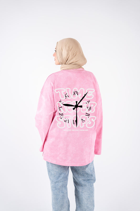 Time never stop pink washed widesleeves t-shirt