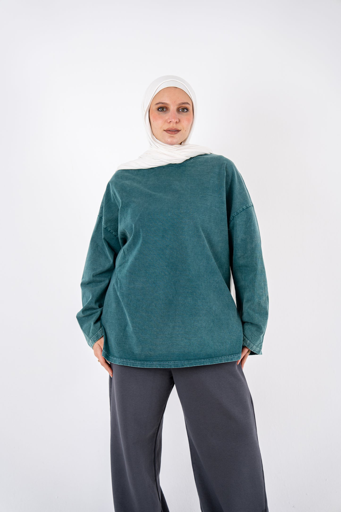 OLIVE washed BASIC WIDESLEEVES T-SHIRT