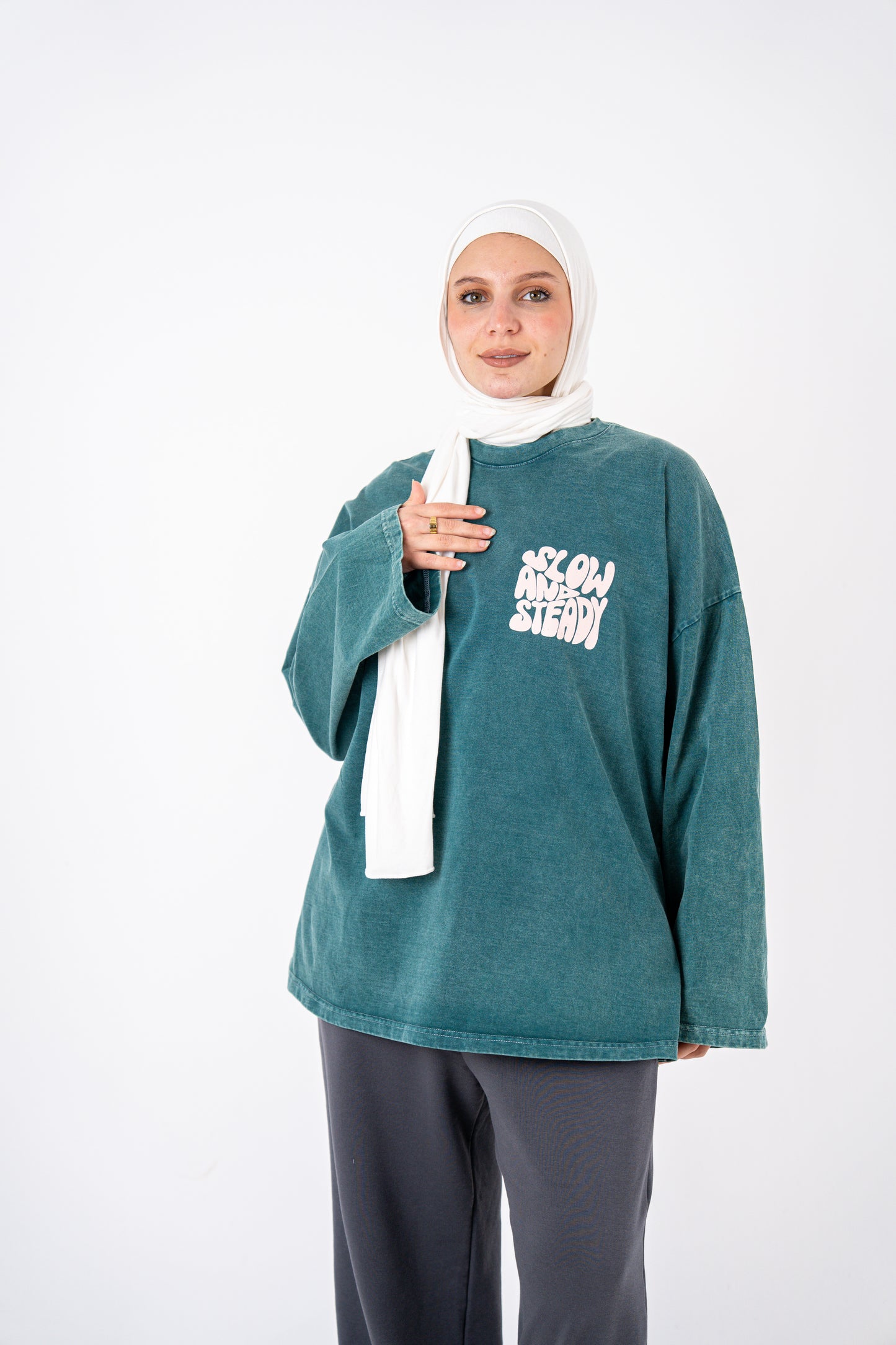 slow and steady olive washed widesleeves t-shirt
