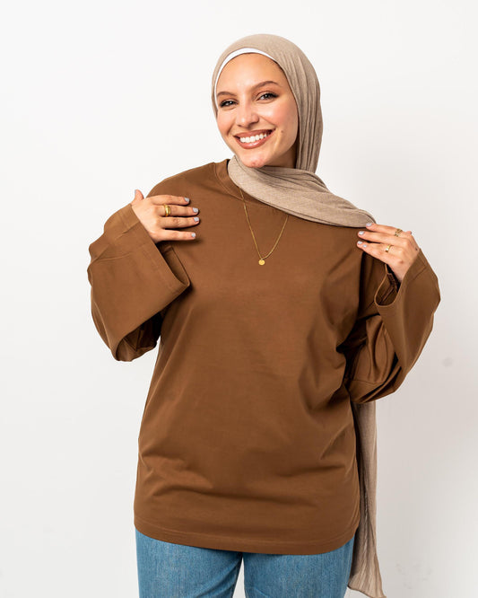 Brown basic widesleeves t-shirt